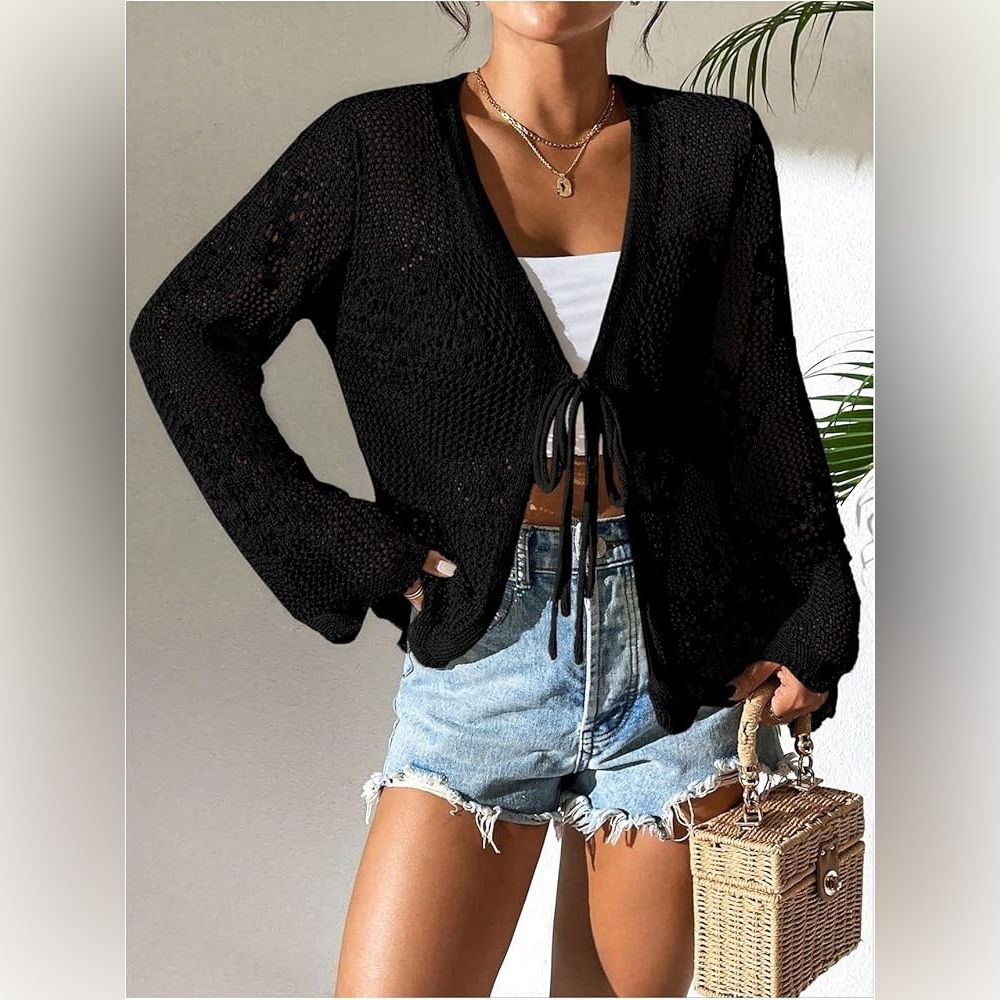 Joe Fresh 100% Cotton Black Open-Knit Cardigan Front Tie